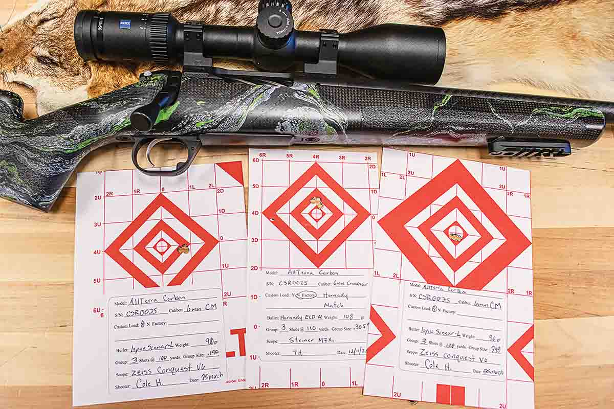 AllTerra rifles are guaranteed to shoot sub-.5-MOA groups, these targets were shipped with the test rifle as proof of the accuracy of the rifle.